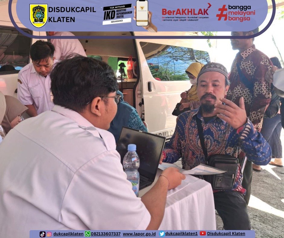 Disdukcapil Klaten hadir memberikan pelayanan adminduk pada kegiatan Sambung Rasa di Desa Ringinputih, Kec. Karangdowo dan Desa Kingkang, Kec. Wonosari, Klaten. Selasa–Rabu, 26–27 Agustus 2025