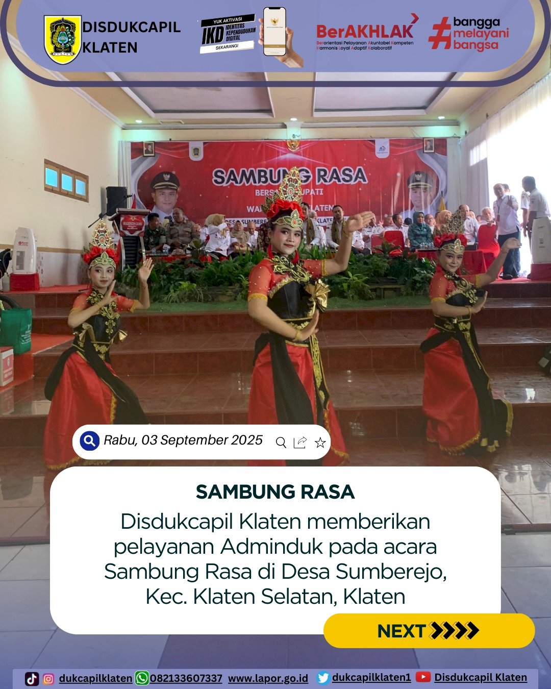 Disdukcapil Klaten hadir memberikan pelayanan adminduk pada kegiatan Sambung Rasa di Desa Sumberejo, Kec. Klaten Selatan, Klaten