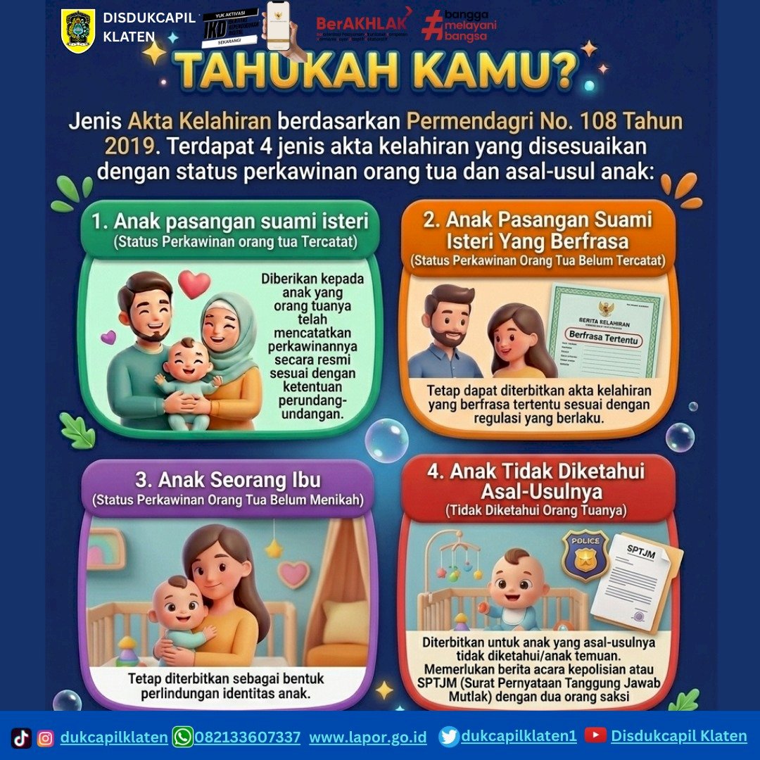 Jenis Akta Kelahiran berdasarkan Permendagri Nomor 108 Tahun 2019