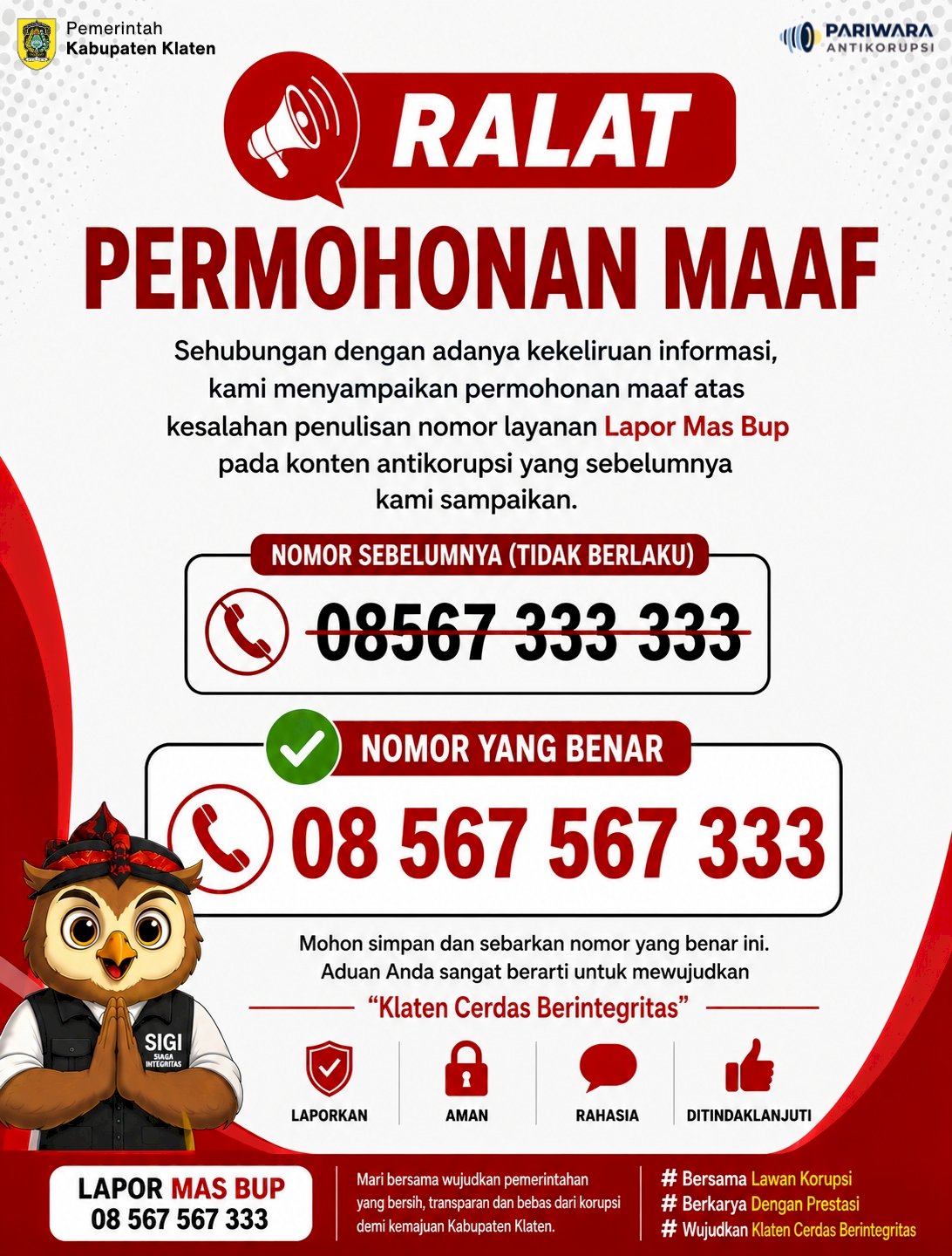 Pemkab Klaten Sampaikan Ralat dan Permohonan Maaf Terkait Nomor Layanan "Lapor Mas Bup"