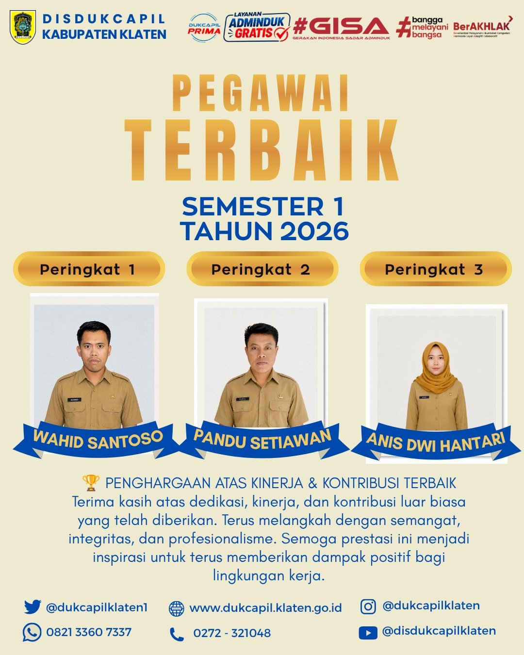 Disdukcapil Kabupaten Klaten Anugerahkan Penghargaan Pegawai Terbaik Semester 1 Tahun 2026