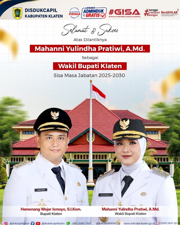 Selamat dan Sukses Atas dilantiknya Mahanni Yulindha Pratiwi, A.Md. sebagai Wakil Bupati Klaten sisa masa jabatan 2025–2030
